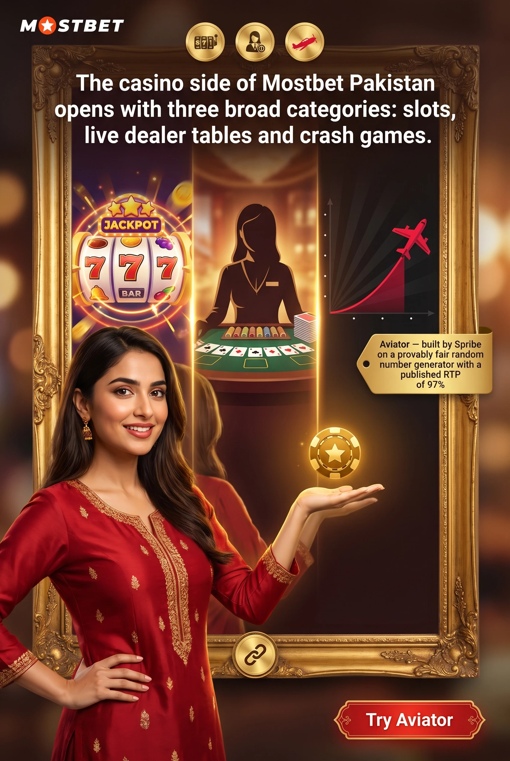 Slots, live dealer tables and Aviator crash game on Mostbet